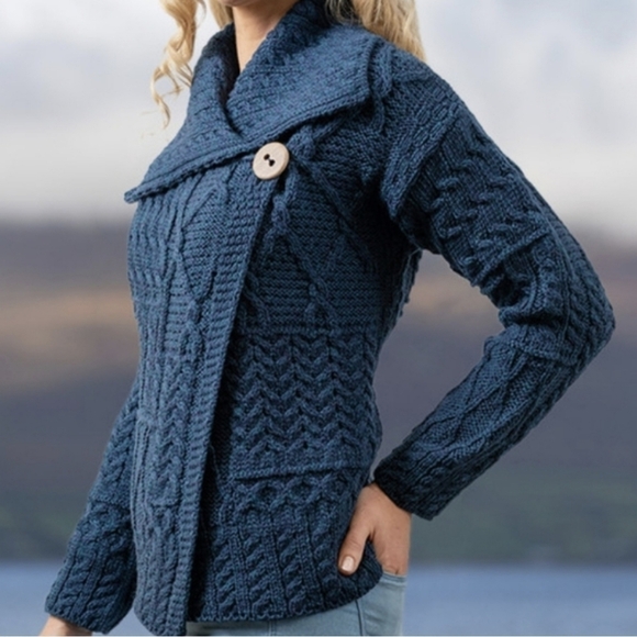 Aran mor Irish knit patchwork cardigan sweater small grey - Picture 3 of 16